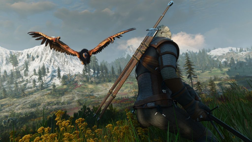 Geralt riding through open countryside in The Witcher 3