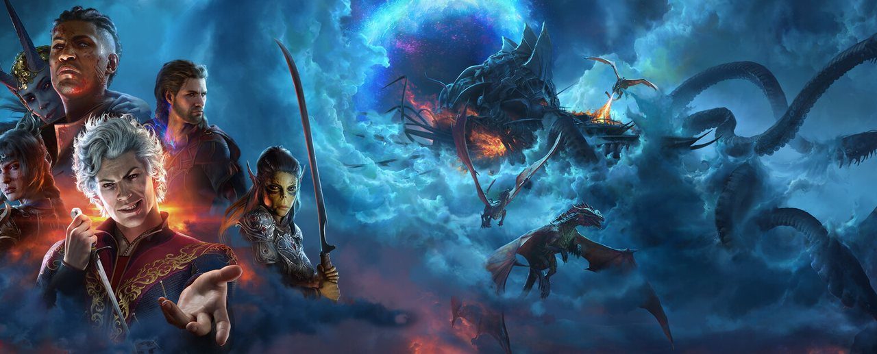 Baldur's Gate 3 key art showing the mind flayer threat over the party