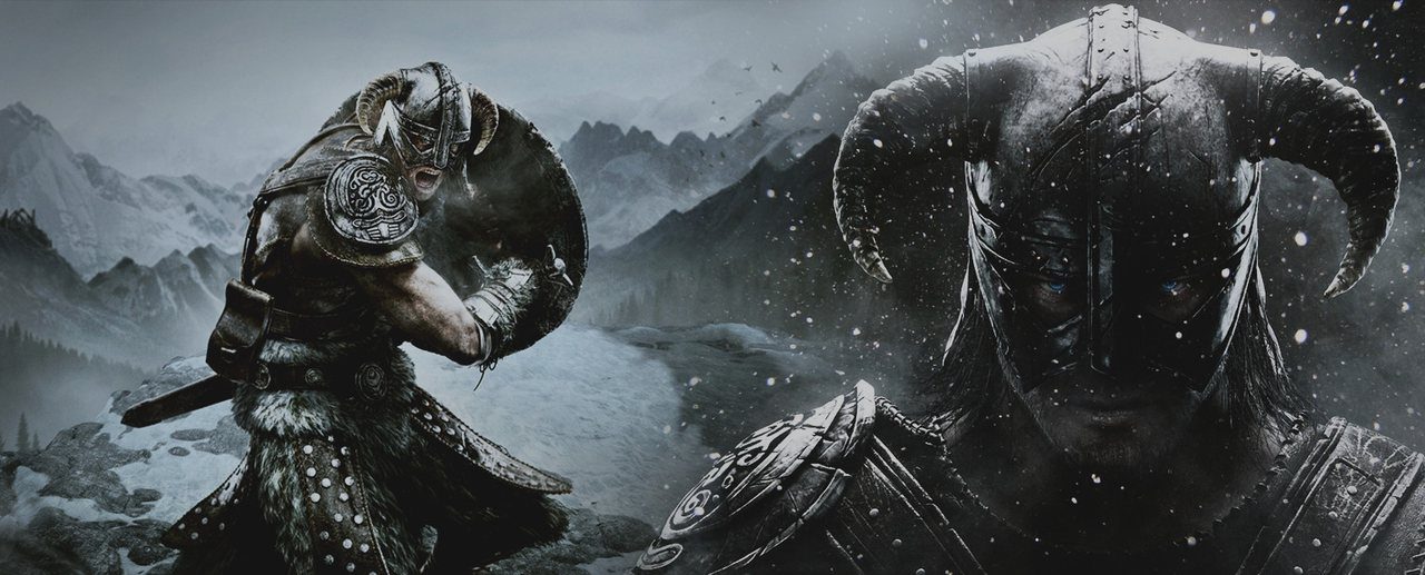 Skyrim Special Edition key art with the Dragonborn facing a dragon