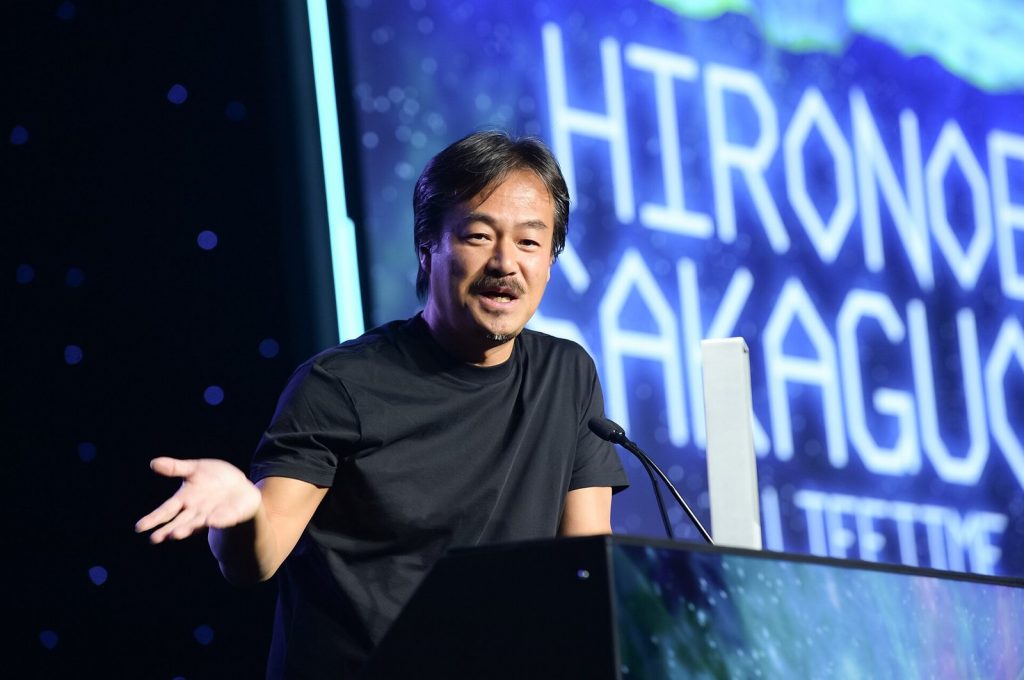 Final Fantasy creator Hironobu Sakaguchi on stage at the 2015 Game Developers Choice Awards
