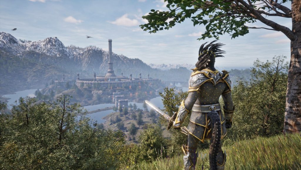 Player character in armor exploring the green countryside of Cyrodiil in Oblivion Remastered