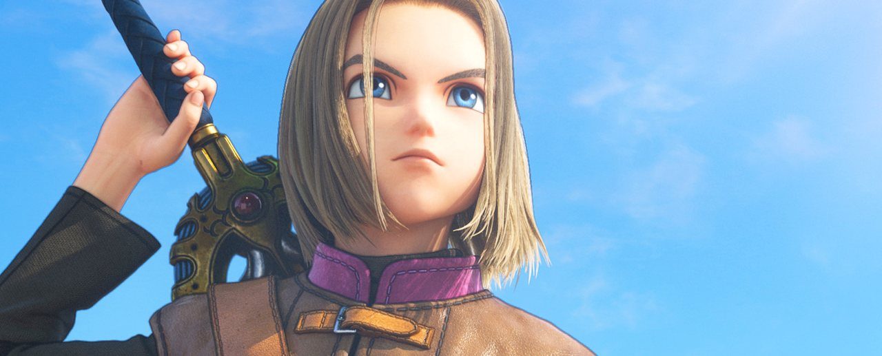 Key art from Dragon Quest XI S showing the hero and party in a bright fantasy landscape