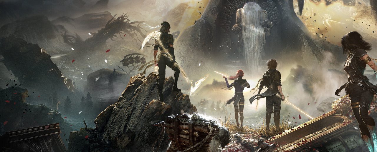 Clair Obscur: Expedition 33 key art with the expedition party in a painterly world