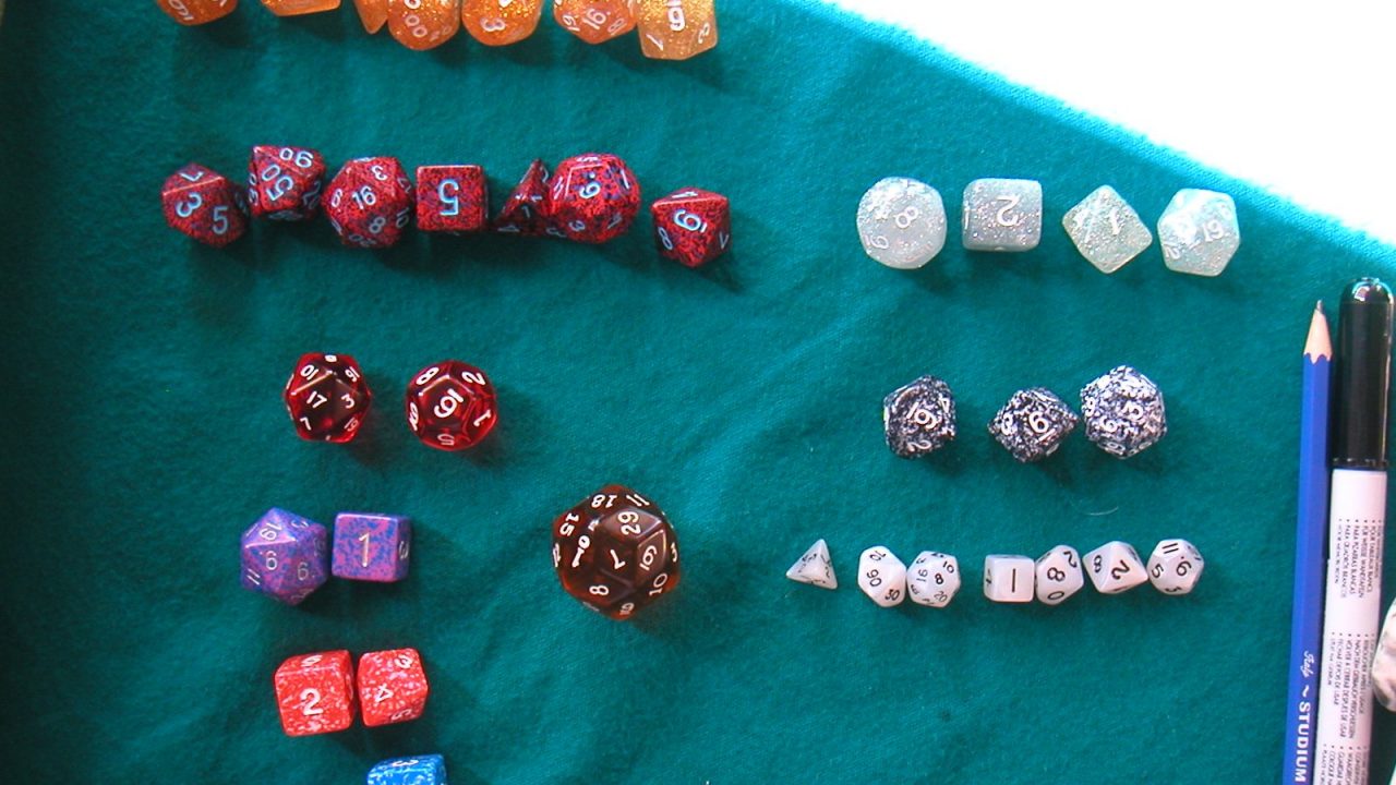 Role-playing dice rolled on a table during a Dungeons & Dragons session