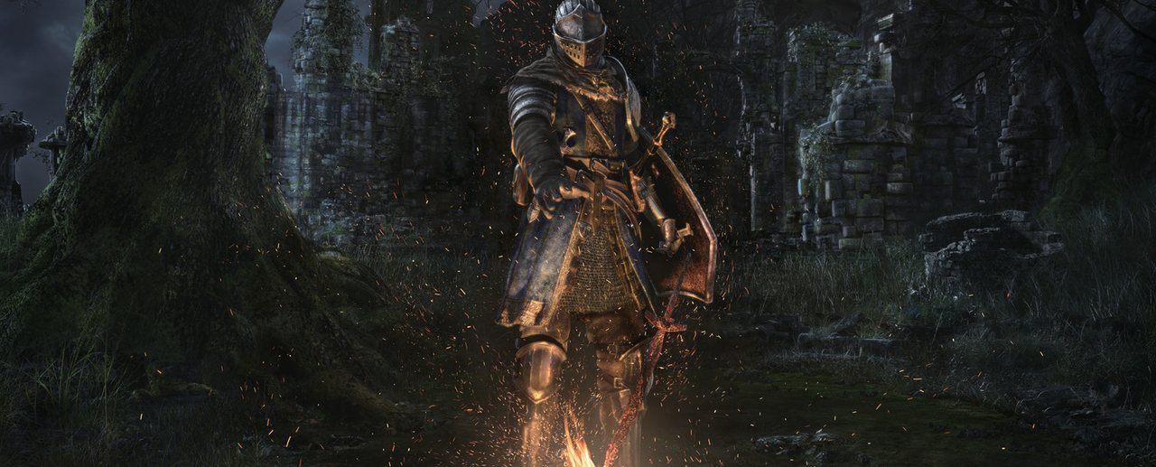 Dark Souls Remastered key art showing an armored knight in a dark gothic setting