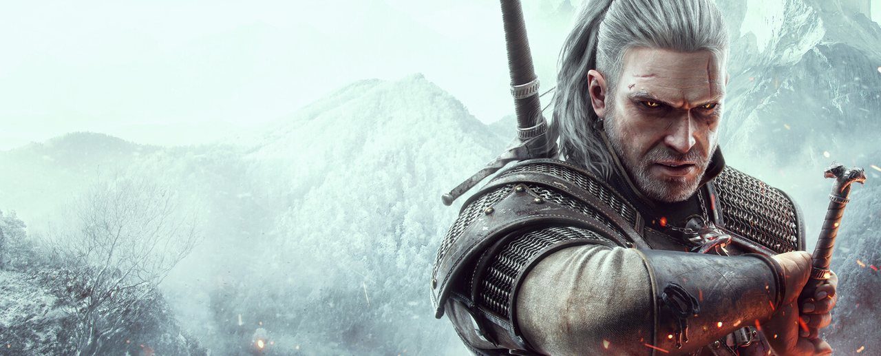 The Witcher 3: Wild Hunt key art of Geralt of Rivia with his swords