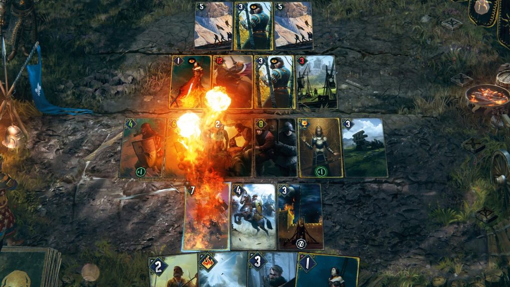 Gwent card battle board with cards from rival factions